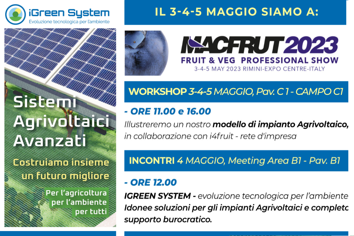 Scopri di più sull'articolo Siamo al MACFRUT Rimini con un nostro modello di impianto Agrivoltaico e un incontro pubblico